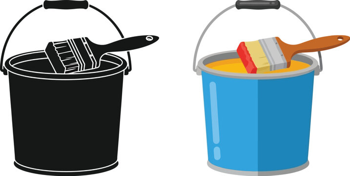 Two paint buckets with brushes one in color and one in monochrome