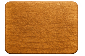 Wooden cutting board with visible knife marks, natural kitchen tool for food preparation on a transparent background