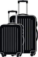 A simple graphic illustration depicting two black wheeled suitcases stacked together
