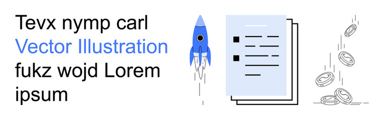 Business startups, innovation, financial success, workflow optimization, entrepreneurship, technology. A blue rocket, documents and falling coins . Business startups and innovation theme