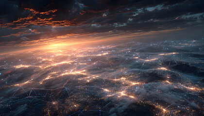 Digital network grid structure with glowing interconnected points and sunrise reflection, symbolizing advanced connectivity in modern technology and innovation