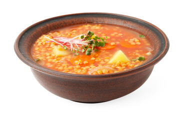 Tasty lentil soup in bowl isolated on white