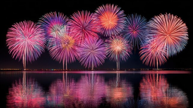 Spectacular fireworks illuminate the night sky, casting colorful reflections on the still waters below, creating a mesmerizing and magical scene. - Powered by Adobe