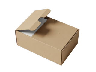 Small open brown cardboard shipping box or mailer package isolated on transparent background for delivery or storage concept