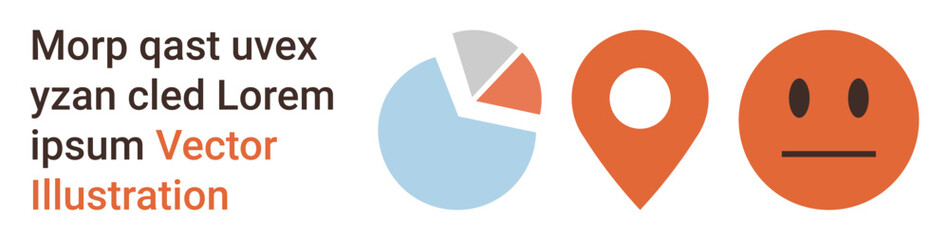 Data visualization, location tracking, emotion , digital interfaces, business analytics, minimalist design. Pie chart, map marker neutral face symbol. Data visualization and location tracking