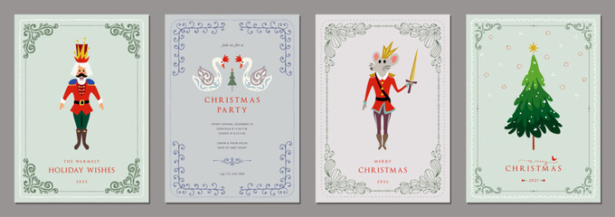 Fototapeta premium Vintage Holiday cards. Christmas template with decorative Christmas Tree, Nutcracker, mouse king, swans, ornate hand drawn frames with copy space and greetings.