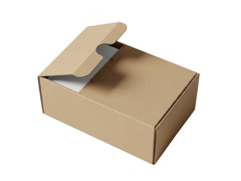 Small open brown cardboard shipping box or mailer package isolated on transparent background for delivery or storage concept