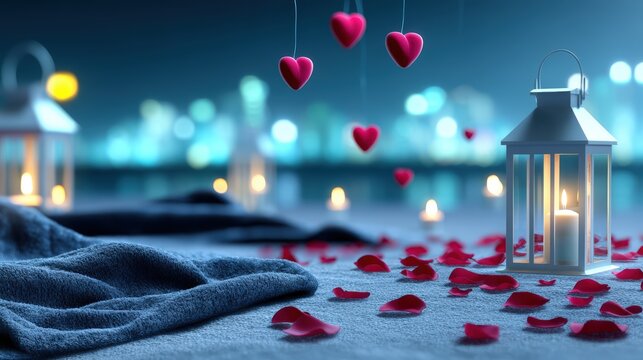 Romantic evening with heart decorations cityscape digital art nighttime close-up love concept for couples