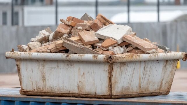 Construction debris in a large container on a construction site with a rustic background and scattered materials 4k video footage