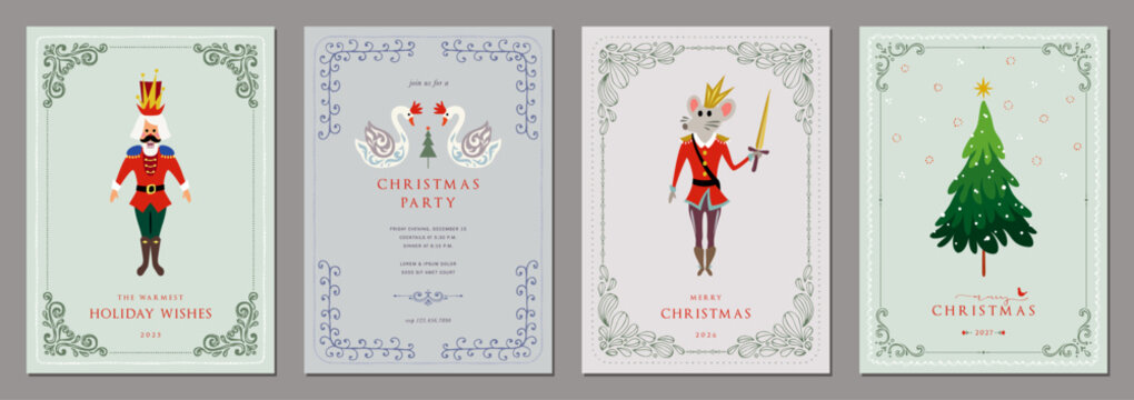 Vintage Holiday cards. Christmas template with decorative Christmas Tree, Nutcracker, mouse king, swans, ornate hand drawn frames with copy space and greetings.