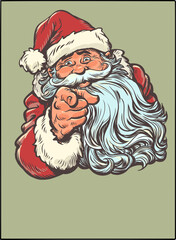 Pop Art Retro Santa Claus points. Santa Claus is happy about the coming New Year. Special offers for customers during the holidays.