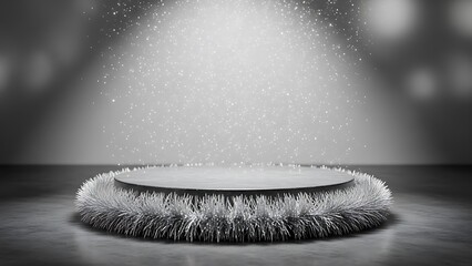 Elegant round podium with tinsel fringe under a spotlight in black and white