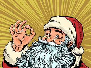 Pop Art Retro Santa Claus gives the OK sign. Santa Claus is excited about the coming New Year. Special offers for customers during the holidays.