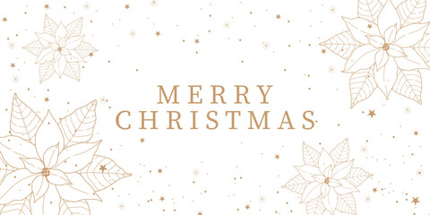 Merry Christmas! Greeting banner or invitation template featuring golden poinsettia flowers on a white background.