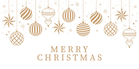 Merry Christmas! Greeting banner or invitation template with golden Christmas balls and decorations on a white background.