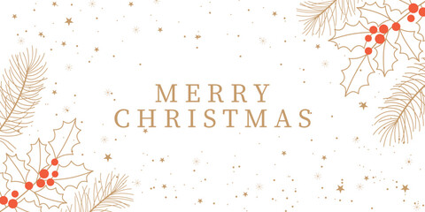 Merry Christmas! A greeting banner or invitation template featuring a golden Christmas tree and holly on a white background.