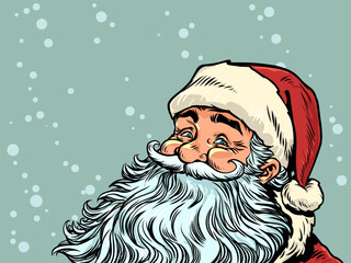 Pop Art Retro Santa Claus is smiling. Santa Claus is excited about the coming New Year. Special offers for customers during the holidays.