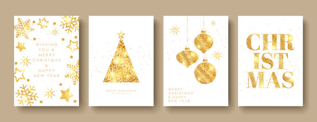 Merry Christmas and Happy New Year greeting card with golden shiny Christmas balls and Christmas tree.