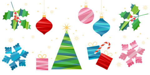 Set of festive winter elements, Christmas tree, candy cane, gift boxes, holly berries and branches, snowflakes, Christmas balls.