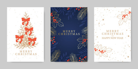 Merry Christmas and Happy New Year greeting card. A luxurious gold background with berries and holly branches on a blue and white background. Vector illustration.