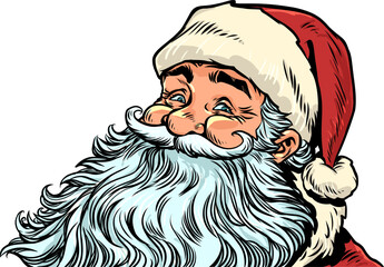 Pop Art Retro Santa Claus is smiling. Santa Claus is excited about the coming New Year. Special offers for customers during the holidays.