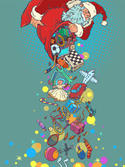 Pop Art Retro Presents fall from Santa's sack. Christmas and New Year's gifts from Santa Claus. Special offers for customers during the holidays.