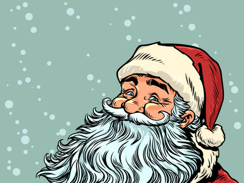 Pop Art Retro Santa Claus is smiling. Santa Claus is excited about the coming New Year. Special offers for customers during the holidays.