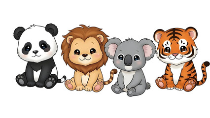 Kawaii Wild Baby Animals &ndash; Cartoon Panda, Lion, Koala, and Tiger with Smiling Faces on White Background