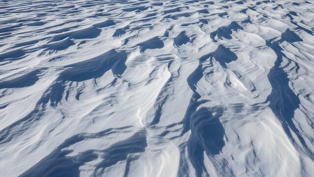 Aerial view of a snow covered landscape with drifts and shadows creating a textured surface pattern