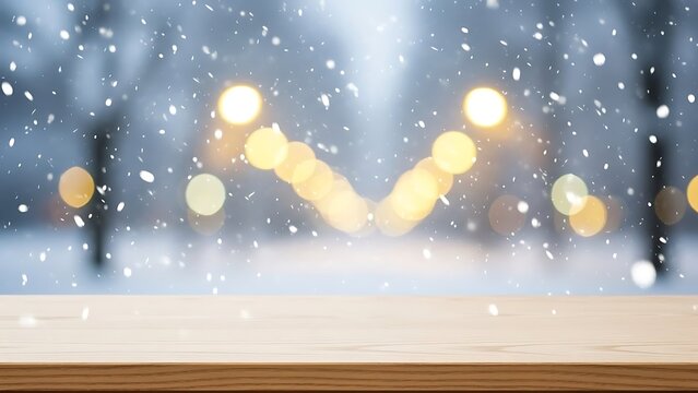 Winter scene with snowfall and wooden table top for product display - Powered by Adobe