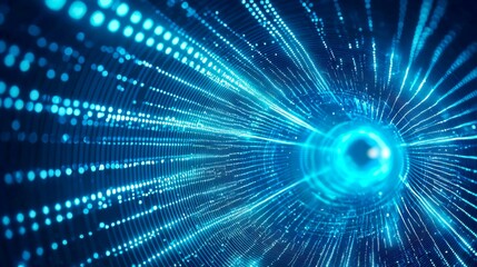 Fototapeta premium Abstract digital vortex of glowing blue lights and particles creating a futuristic tunnel effect