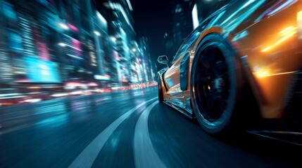 Fototapeta premium Dynamic motion of sports car on vibrant city street at night capturing speed and energy through neon lights and reflections