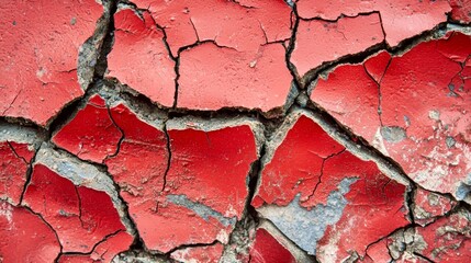 Cracked red wall surface revealing texture and color variations from weathering effects and time, showcasing nature's artistry in urban environments