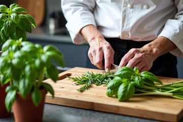 Chef's hands chopping fresh herbs on a modern kitchen island with pots of basil and rosemary plants nearby.