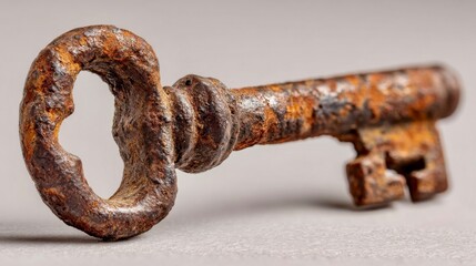 Vintage rusty key resting on a neutral background showcasing its unique texture and worn details for decorative or illustrative purposes in design projects