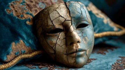 Exquisite antique mask resting on a luxurious fabric with intricate patterns, showcasing unique craftsmanship and timeless beauty