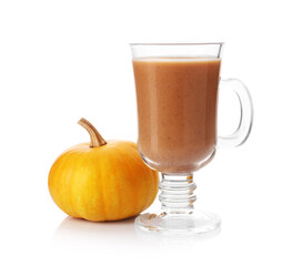 Warm pumpkin latte and fresh vegetable isolated on white