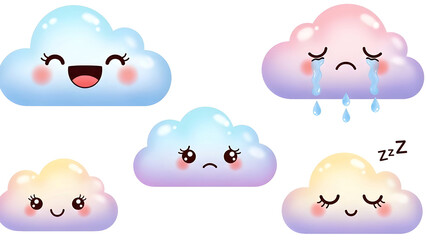 Kawaii Cloud Emotions &ndash; Cartoon Faces Showing Happiness, Sadness, Sleep, and More on Transparent Background