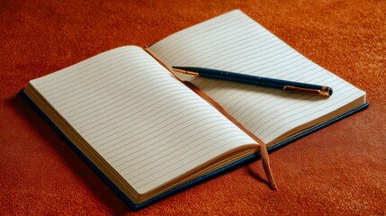 Open notebook with blank pages and a pen ready for writing ideas and notes at a cozy workspace for creativity and inspiration