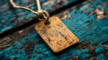Wooden tag on a rustic blue wooden surface with worn textures and natural detailing enhancing vintage appeal and charm