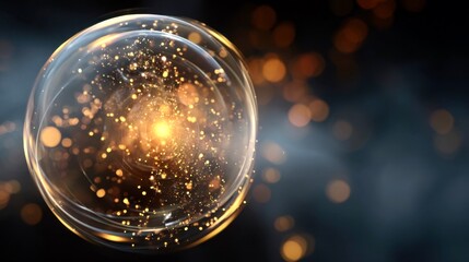 Captivating glow of a transparent bubble filled with shimmering particles against a dark background highlighting its ethereal beauty