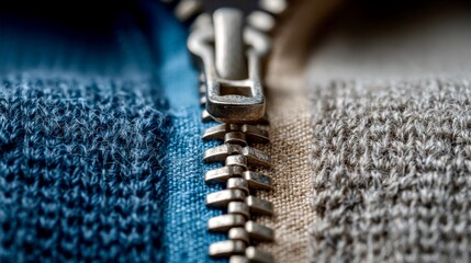Close-up view of an open zipper on a textile showcasing intricate details of fabric and fastener craftsmanship