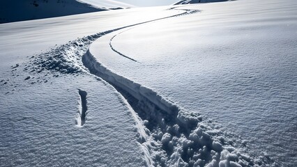 A snowy landscape with tracks curving across the surface on a bright and sunny winter day outdoors