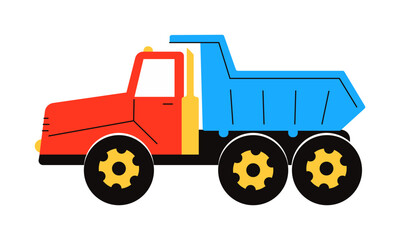 Simple cartoon vector illustration of a bright red and blue toy dump truck. Ideal for kids books, educational materials, and transportation themes