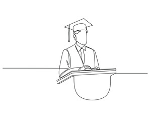 A continuous line drawing of a graduate in a cap and gown behind a podium, giving a speech. This minimalist illustration represents academic achievement and educational milestones