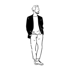Minimalist line art drawing of a stylish bearded man