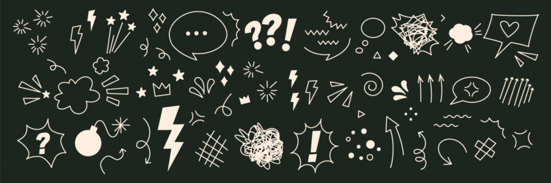 Dynamic comic doodle effects set, Explosive lines, speech bubbles, anime emotion icons and playful hand drawn symbols. Editable vector elements for pop art design, stickers, highlights, manga scenes