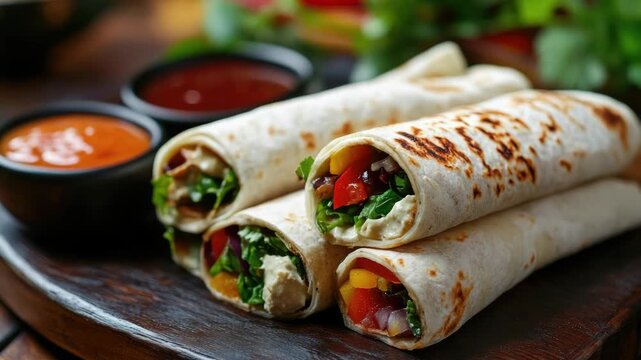 A plate of burritos with a side of salsa and guacamole