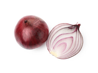 Whole and cut red onions isolated on white, top view