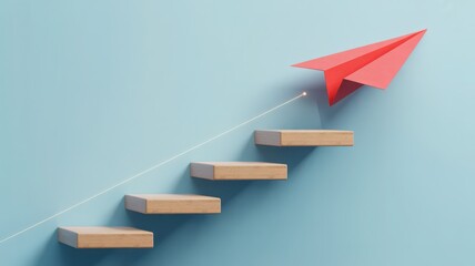 Achieve your business goals with red paper airplane soaring up wooden steps to success concept